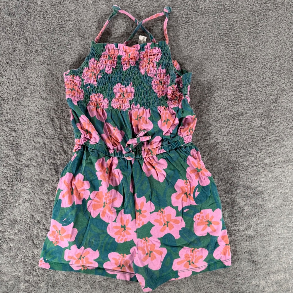 Tea Collection Smocked Strappy Romper Girls 10 Green Pink Hibiscus Floral